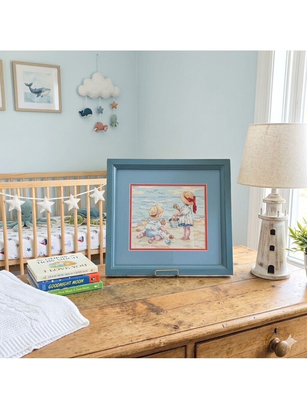 Vtg Framed Cross Stitch Beach Babies Wall Art 15.5 x 14" Coastal Nursery Art #1